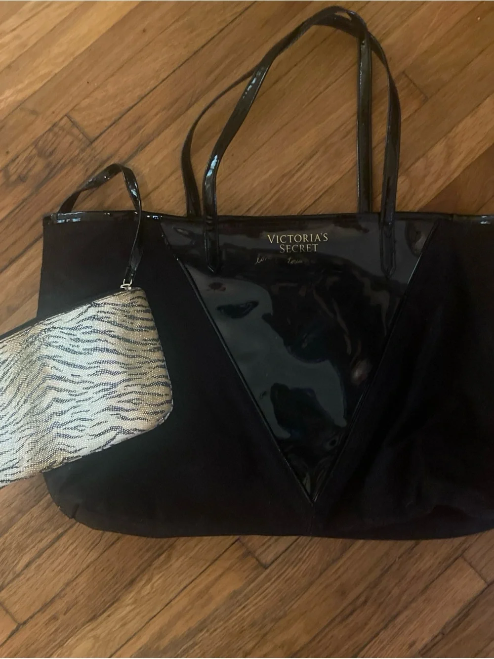 Victoria's Secret Black Tote with Patent Triangle and Zebra Wristlet